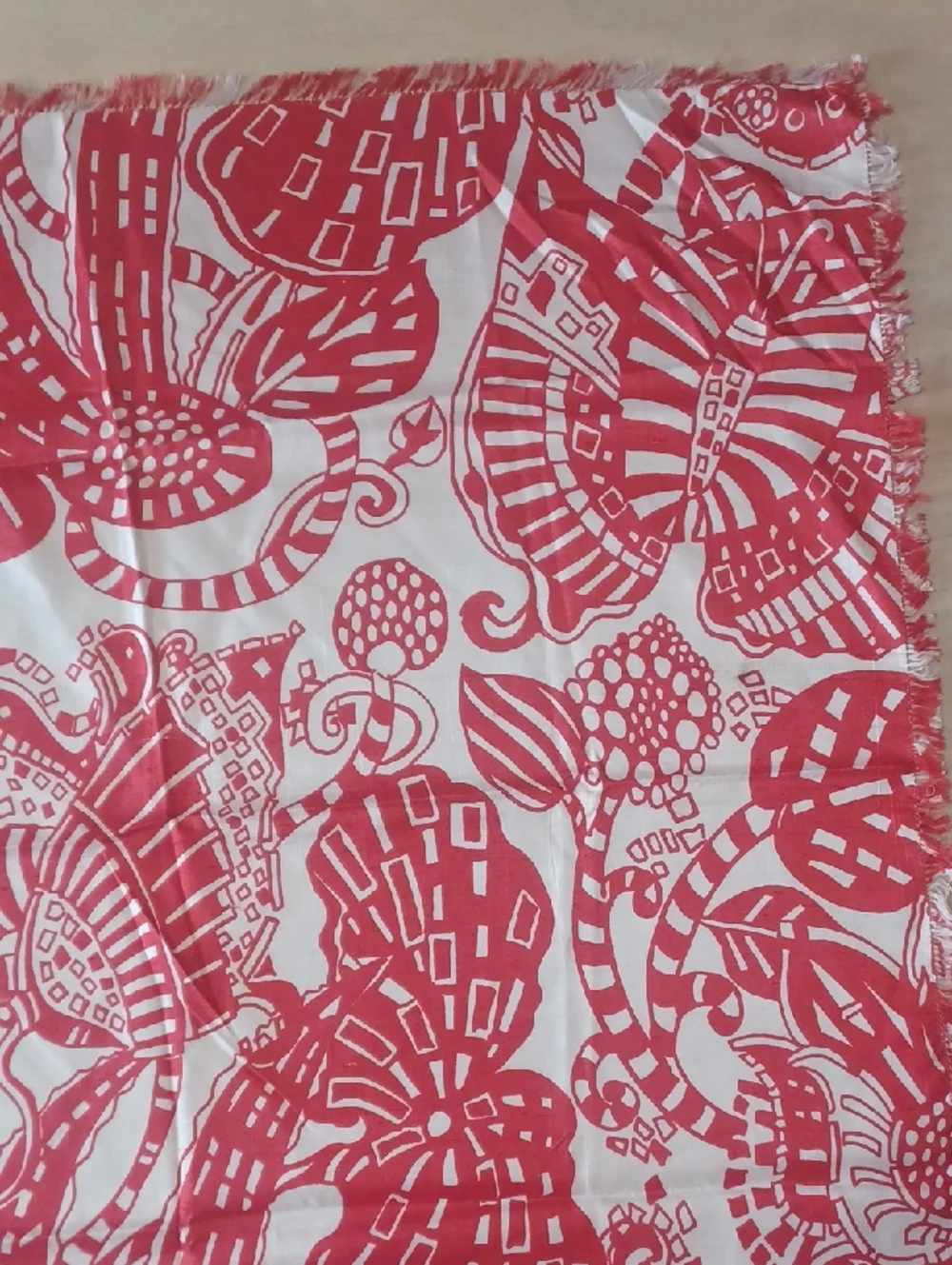Vintage Thai Silk Scarf Star Of Siam Red White Mod Floral Resort Fringe 24×24